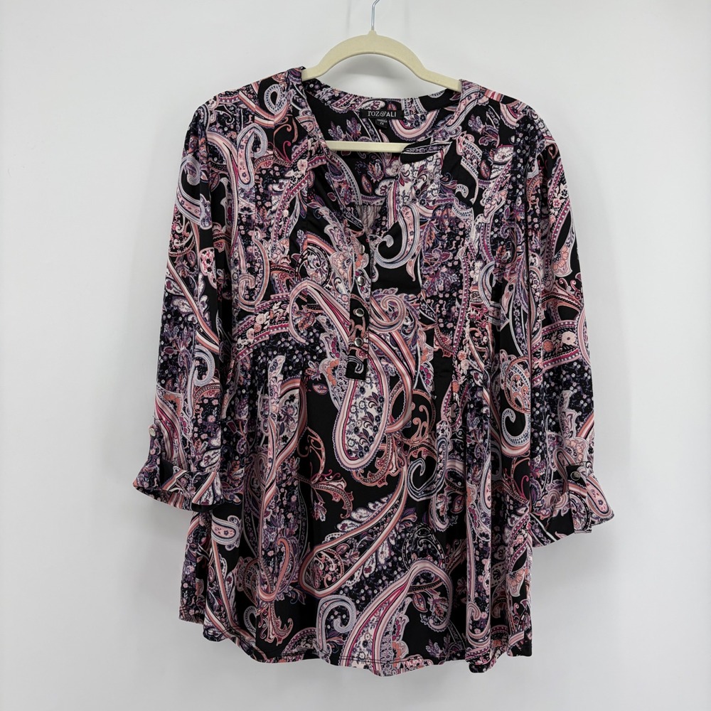 Roz & Ali Womens 2X Black Pink‎ Paisley 3/4 Sleeve Ruffle Cuff Boho Blouse Top